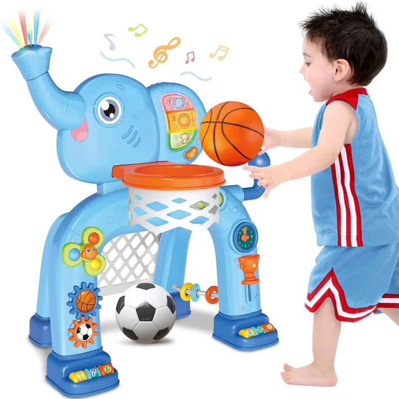 Elephant Sport Set , Toddler Basketball Hoop & Soccer Goal Activity Center Toys with Light & Music For age 1-4 Years Old (7007-2A)